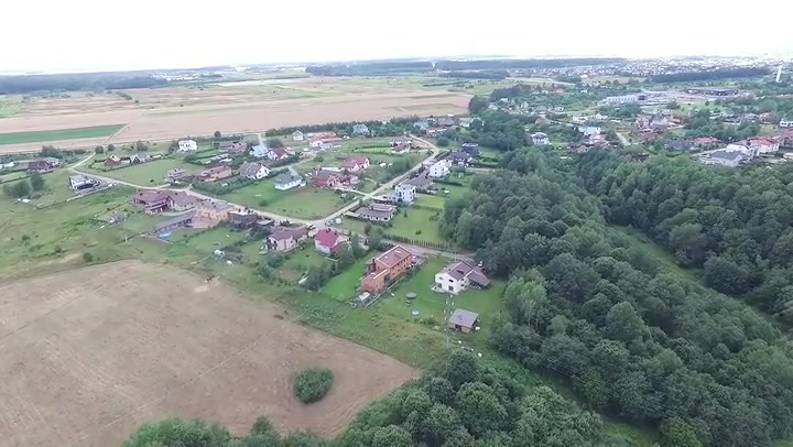 Flight Over Meadow Near Forest And Small Town In Distance